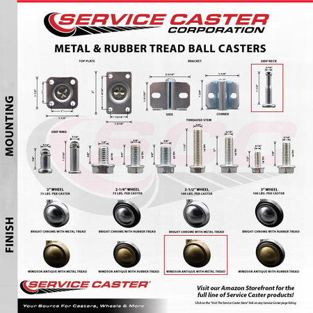 Service Caster 2.5 Inch Windsor Antique Metal Ball Caster – Grip Neck Stem – SCC, 5PK SCC-GN01S25-DCS-WA-5